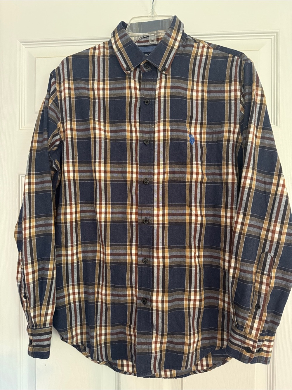 U.S. Polo Assn. Navy Plaid Button-Down Shirt with Brown and Cream Stripes